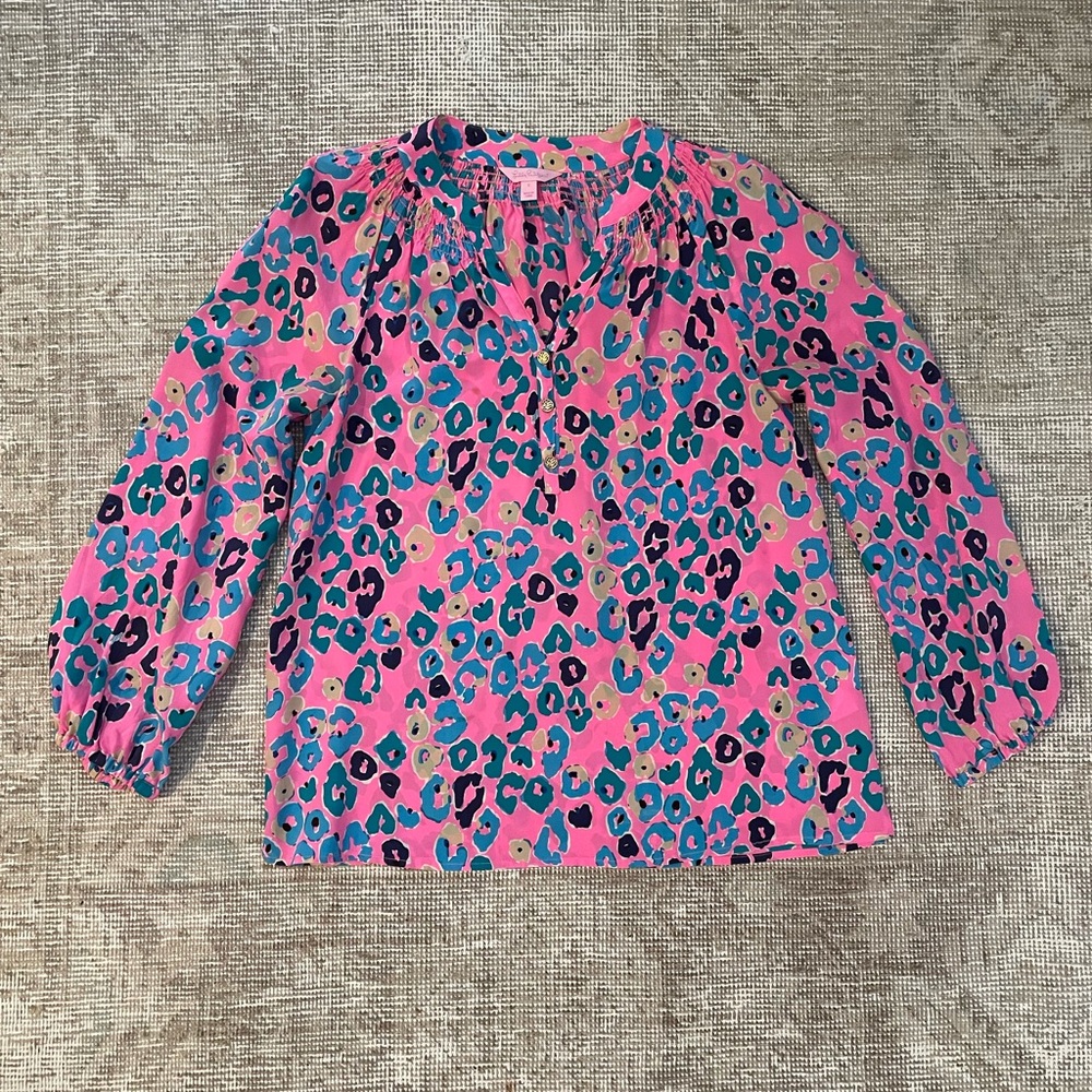 Lilly Pulitzer Elsa Silk Pink and Blue Leopard Print Blouse